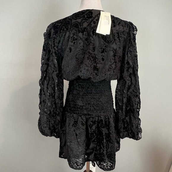 Rococo Sand Black Sade Mini Dress Size Large Velvet Burnout Smocked Bodice NWT - Picture 13 of 16